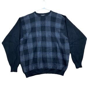 Vintage Mens Ashworth Wool Angora Sweater L Plaid Black Gray Made in Scotland